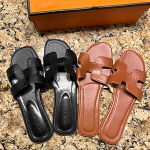 Women's Black and Brown Slide Sandals